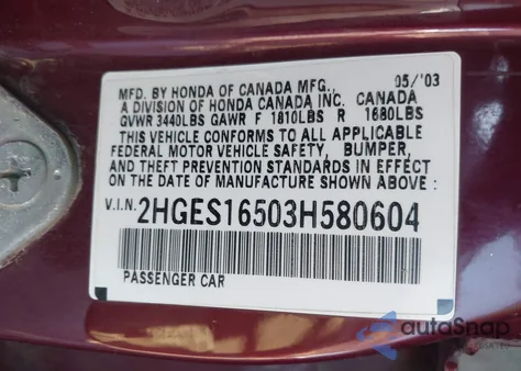 2003 Honda Civic Lx z USA, uszkodzony, nr VIN 2HGES16503H580604